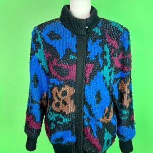 Vintage 80s Black Oversized Shaggy Abstract Sweater Coat - Size M/L